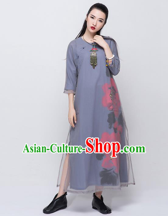 Traditional Chinese Costume Elegant Hanfu Printing Flowers Dress, China Tang Suit Cheongsam Grey Qipao Dress Clothing for Women