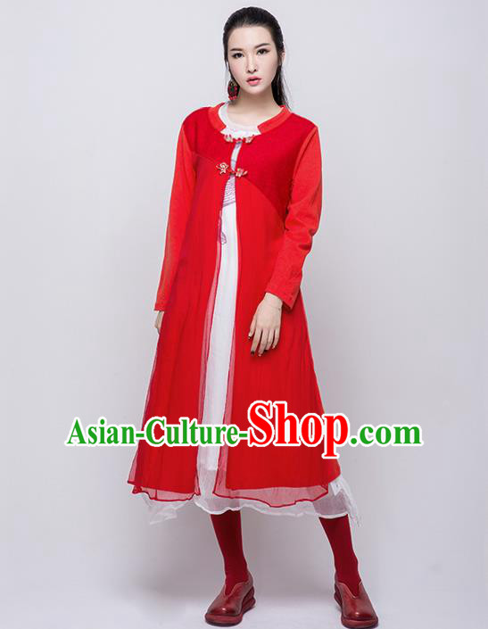 Traditional Chinese Costume Elegant Hanfu Long Coat, China Tang Suit Plated Buttons Red Dust Coat Cardigan Clothing for Women