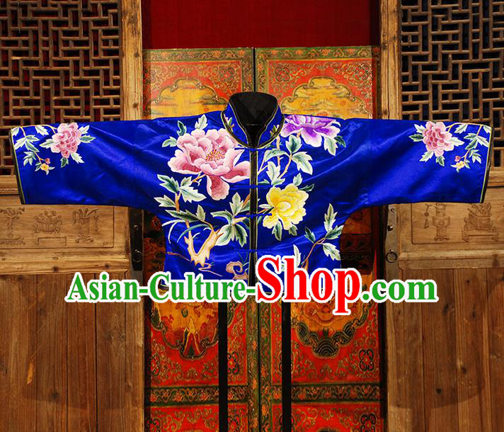 Traditional Chinese Costume Elegant Hanfu Embroidery Peony Coat Blouse, China Tang Suit Plated Buttons Blue Jacket Clothing for Women