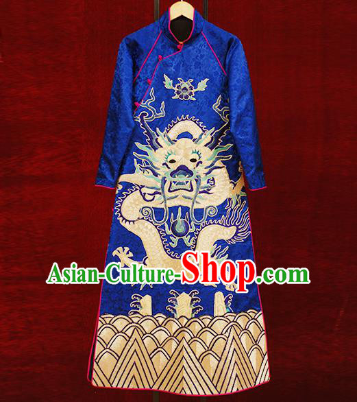 Traditional Chinese Costume Elegant Hanfu Printing Embroidery Dragon Dress, China Tang Suit Plated Buttons Blue Cheongsam Satin Qipao Dress Clothing for Women