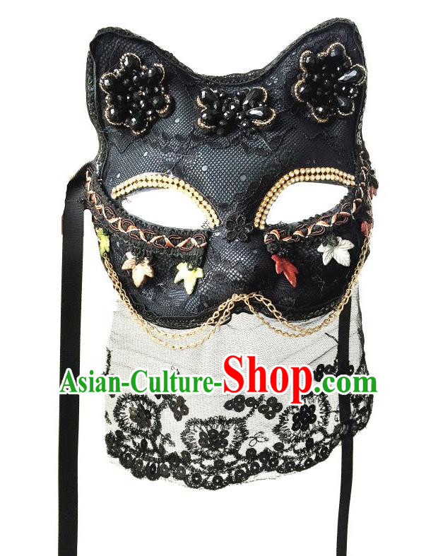 Top Grade Halloween Masquerade Accessories Mask, Brazilian Carnival Black Lace Cat Mask Veil for Women