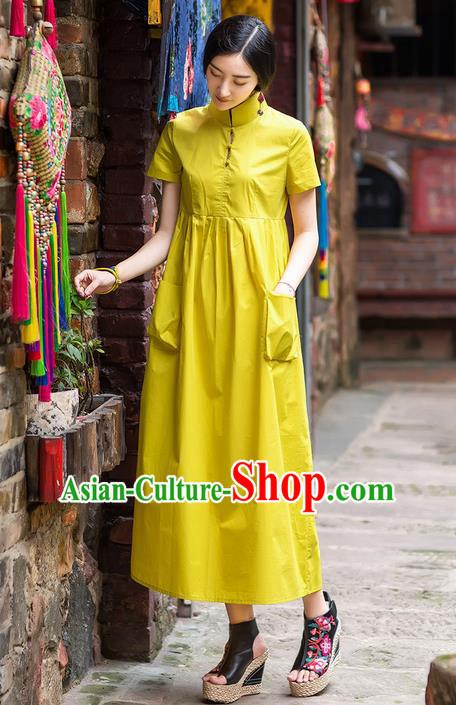 Traditional Chinese Costume Elegant Hanfu Dress, China Tang Suit Plated Buttons Cheongsam Yellow Qipao Dress Clothing for Women