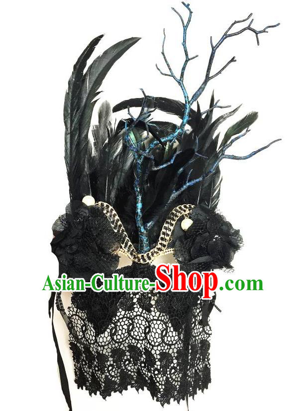 Top Grade Halloween Masquerade Accessories Ceremonial Occasions Handmade Model Show Mask Black Feather Headwear, Brazilian Carnival Lace Veil Mask for Men