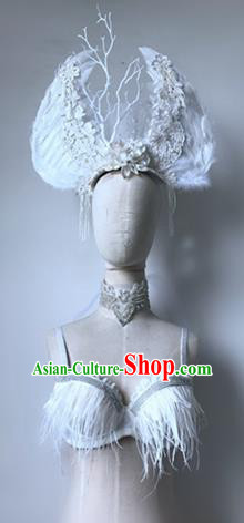 Top Grade Halloween Masquerade Ceremonial Occasions Handmade Model Show Hair Accessories Headwear, Brazilian Carnival White Feather Headdress for Women