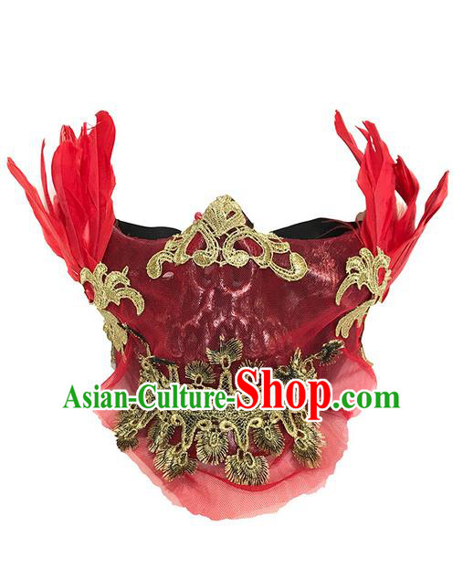 Top Grade Halloween Masquerade Ceremonial Occasions Handmade Model Show Red Feather Mask Headdress for Men