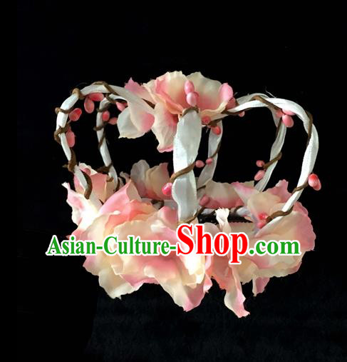 Top Grade Chinese Theatrical Headdress Ornamental Pink Flowers Hair Accessories, Ceremonial Occasions Handmade Halloween Royal Crown for Women
