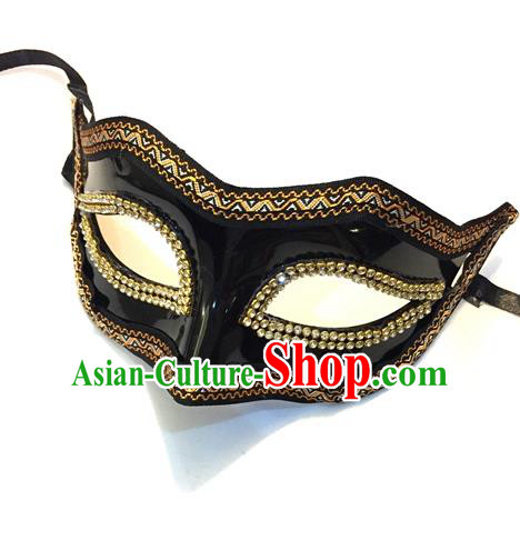Top Grade Chinese Theatrical Headdress Ornamental Black Mask, Halloween Fancy Ball Ceremonial Occasions Handmade Crystal Blindfold for Men