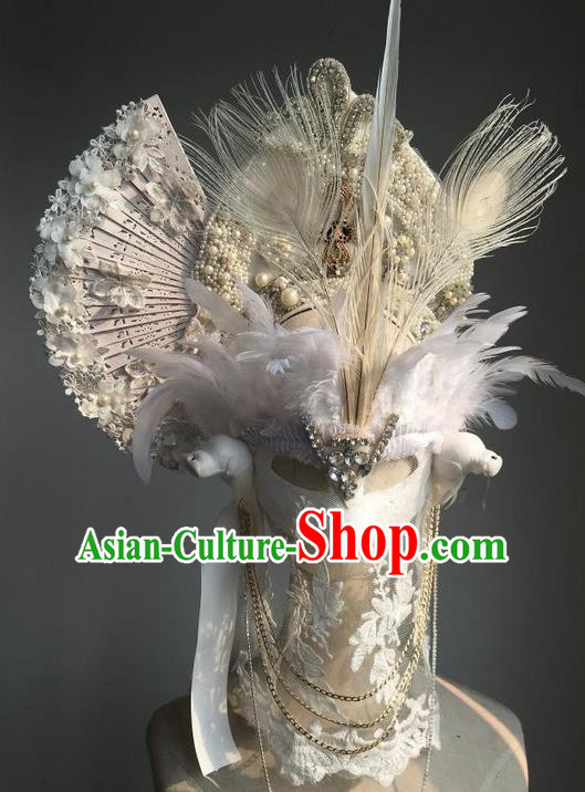 Top Grade Chinese Theatrical Luxury Headdress Ornamental White Headwear and Mask, Halloween Fancy Ball Ceremonial Occasions Handmade Veil Headpiece for Women