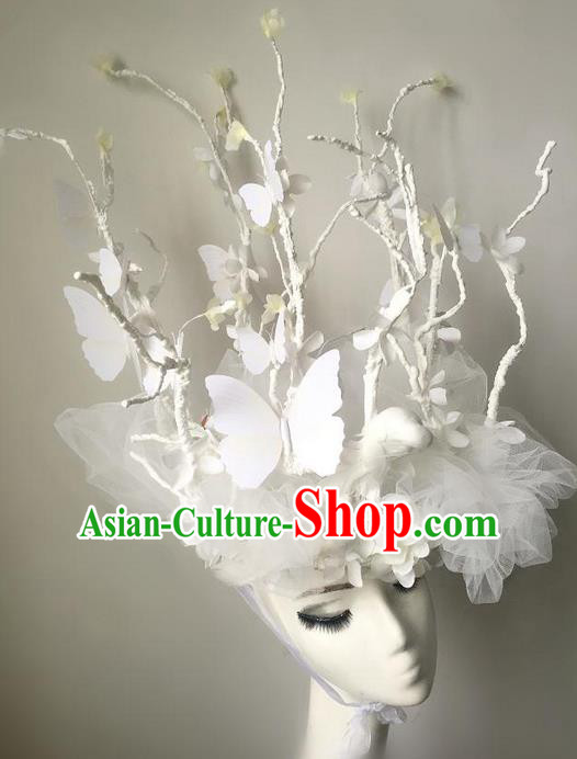 Top Grade Chinese Theatrical Luxury Headdress Ornamental White Butterfly Headwear, Halloween Fancy Ball Ceremonial Occasions Handmade Bride Headpiece for Women