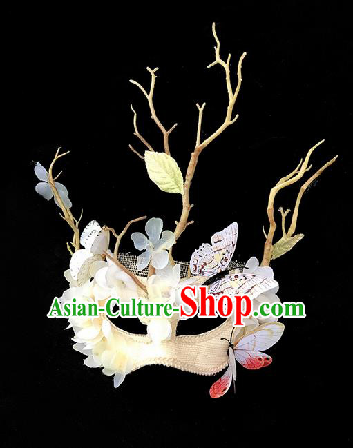 Top Grade Chinese Theatrical Luxury Headdress Ornamental Branch Butterfly Mask, Halloween Fancy Ball Ceremonial Occasions Handmade Bride Face Mask for Women