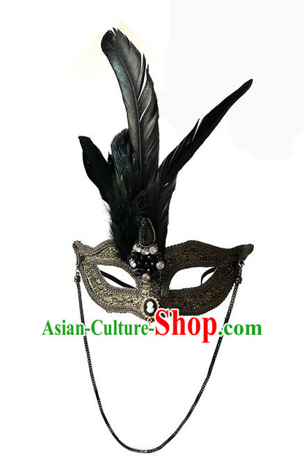 Top Grade Chinese Theatrical Luxury Headdress Ornamental Feather Mask, Halloween Fancy Ball Ceremonial Occasions Handmade Golden Lace Face Mask for Men