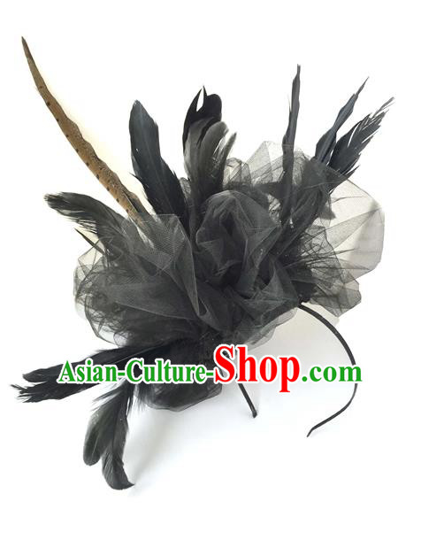 Top Grade Chinese Theatrical Luxury Headdress Ornamental Black Feather Hair Clasp, Halloween Fancy Ball Ceremonial Occasions Handmade Headwear for Women