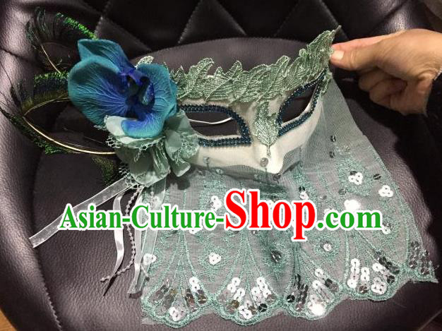 Top Grade Chinese Theatrical Luxury Headdress Ornamental Green Lace Mask, Halloween Fancy Ball Ceremonial Occasions Handmade Flower Face Mask for Women