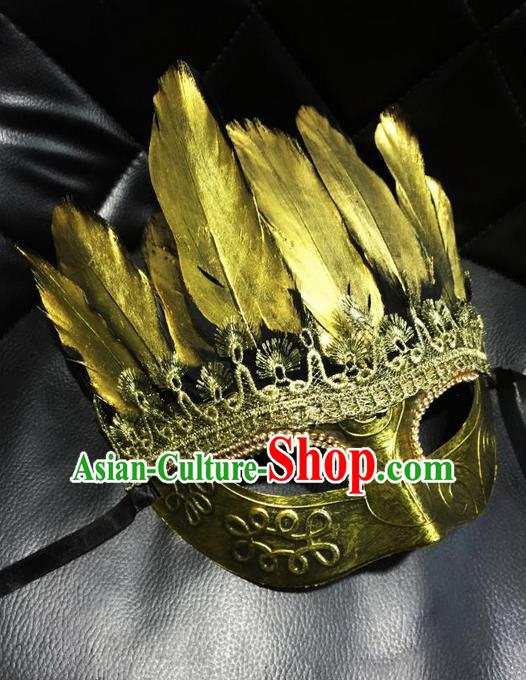 Top Grade Chinese Theatrical Luxury Headdress Ornamental Golden Mask, Halloween Fancy Ball Asian Headpieces Model Show Feather Lace Face Mask for Men