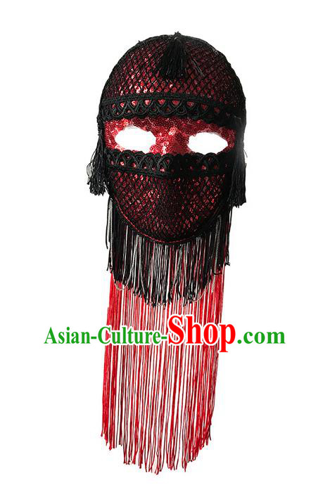 Top Grade Chinese Theatrical Luxury Headdress Ornamental Jazz Dance Mask, Halloween Fancy Ball Ceremonial Occasions Handmade Red Tassel Face Mask for Men