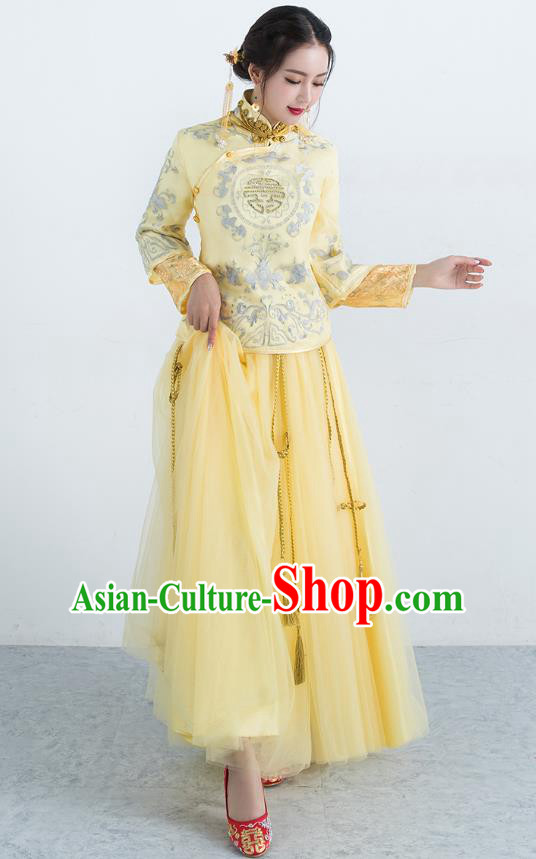 Traditional Ancient Chinese Wedding Costume Handmade XiuHe Suits Embroidery Golden Dress Bride Toast Cheongsam, Chinese Style Hanfu Wedding Clothing for Women