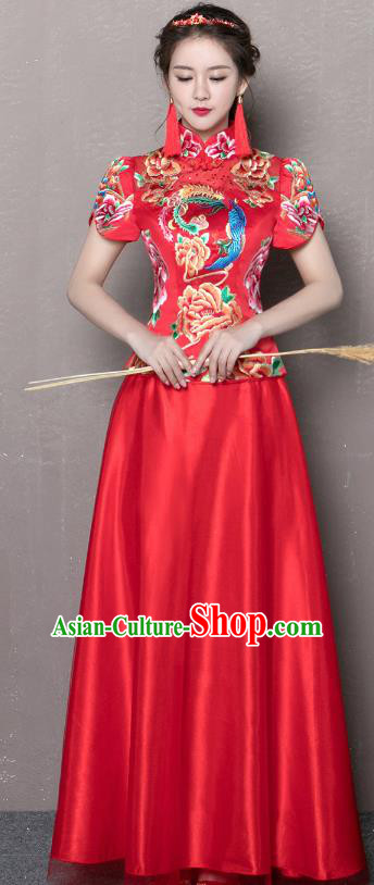 Traditional Ancient Chinese Wedding Costume Handmade XiuHe Suits Embroidery Peony Dress Bride Toast Red Cheongsam, Chinese Style Hanfu Wedding Clothing for Women