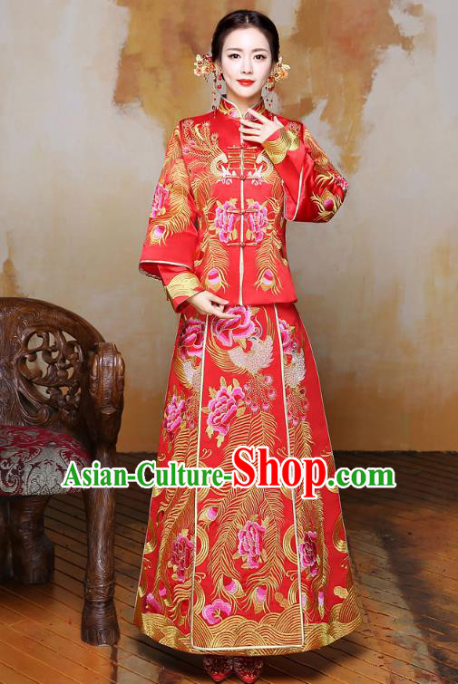 Traditional Ancient Chinese Wedding Costume Handmade XiuHe Suits Embroidery Phoenix Longfeng Gown Bride Toast Plated Buttons Cheongsam, Chinese Style Hanfu Wedding Clothing for Women