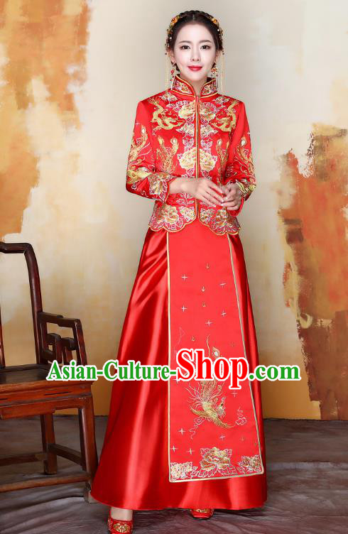 Traditional Ancient Chinese Wedding Costume Handmade XiuHe Suits Embroidery Phoenix Xi Clothing Bride Toast Cheongsam, Chinese Style Hanfu Wedding Clothing for Women