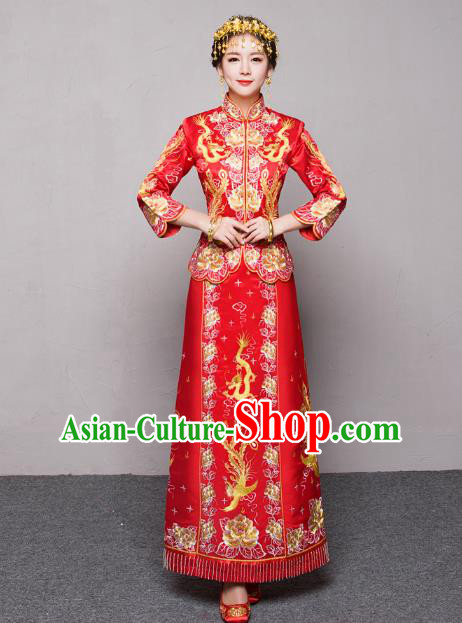 Traditional Ancient Chinese Wedding Costume Handmade XiuHe Suits Embroidery Dragon and Phoenix Xi Clothing Bride Toast Cheongsam, Chinese Style Hanfu Wedding Clothing for Women