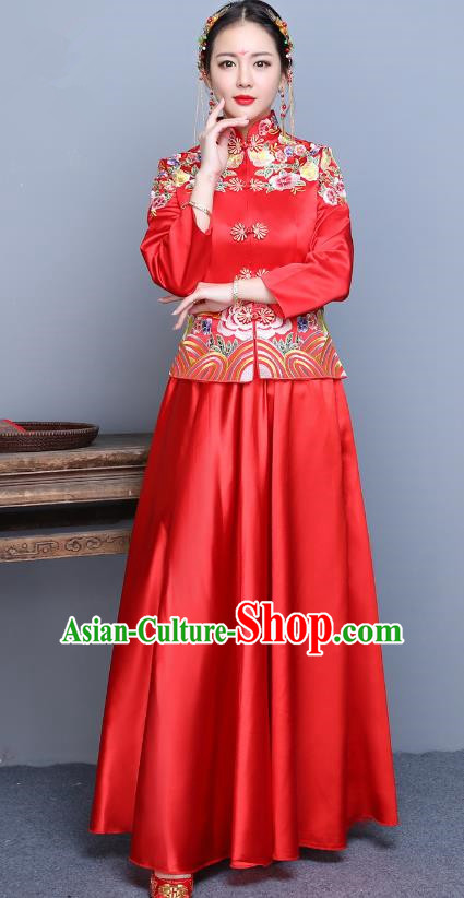 Traditional Ancient Chinese Wedding Costume Handmade XiuHe Suits Embroidery Peony Xi Clothing Bride Toast Cheongsam, Chinese Style Hanfu Wedding Clothing for Women
