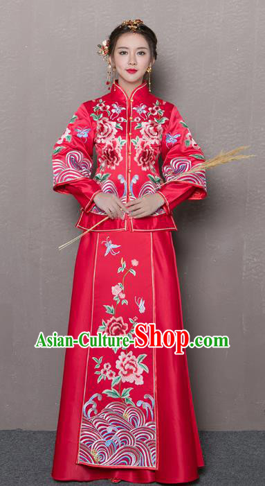 Traditional Ancient Chinese Wedding Costume Handmade XiuHe Suits Embroidery Peony Red Long Sleeve Dress Bride Toast Cheongsam, Chinese Style Hanfu Wedding Clothing for Women