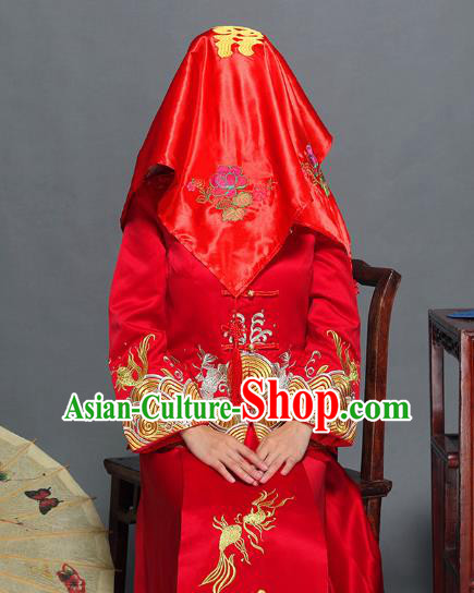 Traditional Ancient Chinese Wedding Embroidery Red Veil, Chinese Style Wedding Red Bridal Veil for Women