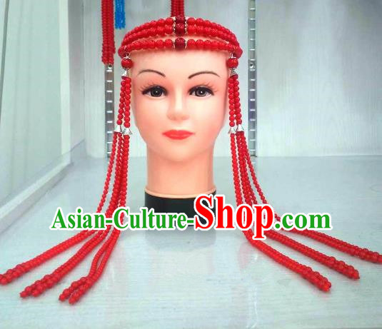 Traditional Handmade Chinese Mongol Nationality Handmade Red Beads Tassel Hair Accessories, China Mongols Mongolian Minority Nationality Wedding Headwear for Women