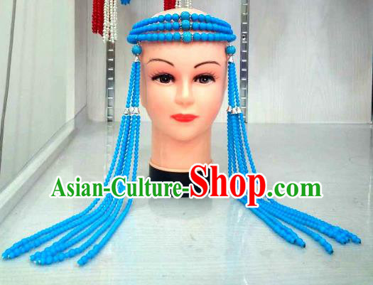 Traditional Handmade Chinese Mongol Nationality Handmade Blue Beads Tassel Hair Accessories, China Mongols Mongolian Minority Nationality Wedding Headwear for Women