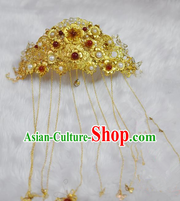 Traditional Handmade Chinese Ancient Classical Hair Accessories Bride Wedding Tassel Phoenix Coronet, Xiuhe Suit Hair Jewellery Hair Fascinators Hairpins for Women