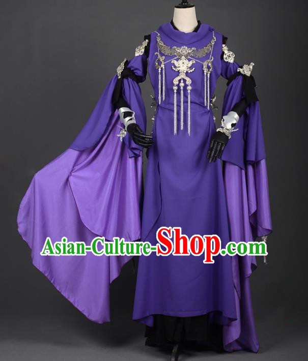 Chinese Ancient Cosplay Han Dynasty Chivalrous Woman Costumes, Chinese Traditional Purple Dress Clothing Chinese Cosplay Swordsman Costume for Women