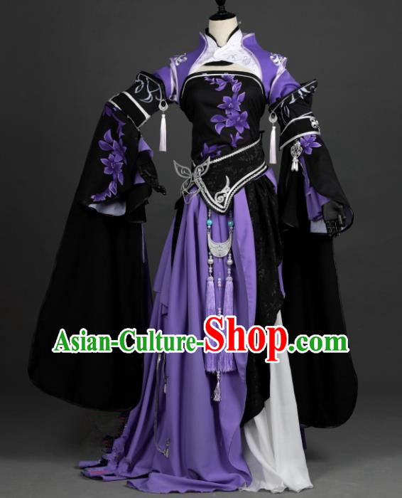 Chinese Ancient Cosplay Han Dynasty Young Lady Costumes, Chinese Traditional Purple Dress Clothing Chinese Cosplay Swordsman Costume for Women