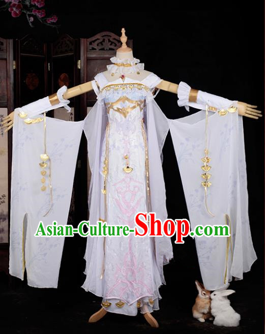 Chinese Ancient Cosplay Tang Dynasty Palace Lady Dance Costumes, Chinese Traditional White Hanfu Dress Clothing Chinese Cosplay Imperial Princess Costume for Women