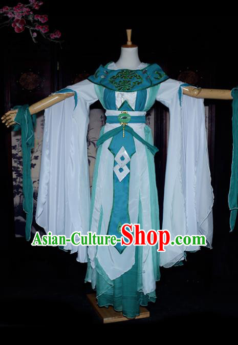 Chinese Ancient Cosplay Tang Dynasty Chivalrous Lady Clothing, Chinese Traditional Green Hanfu Dress Chinese Cosplay Swordswoman Costume for Women