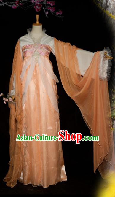 Chinese Ancient Cosplay Tang Dynasty Imperial Concubine Costumes, Chinese Traditional Fairy Apricot Dress Clothing Chinese Cosplay Palace Lady Costume for Women