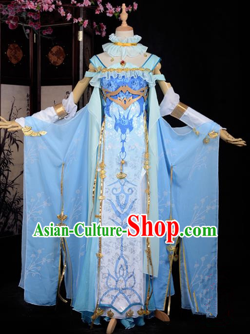 Chinese Ancient Cosplay Han Dynasty Fairy Costumes, Chinese Traditional Blue Embroidery Hanfu Dress Clothing Chinese Cosplay Princess Costume for Women