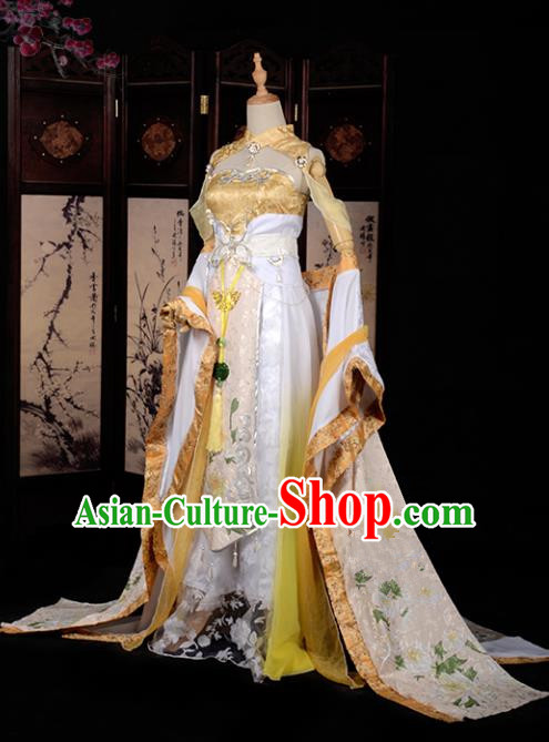 Chinese Ancient Cosplay Han Dynasty Fairy Costumes, Chinese Traditional Golden Embroidery Hanfu Dress Clothing Chinese Cosplay Princess Costume for Women