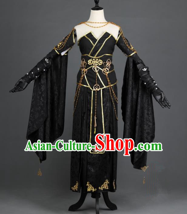 Chinese Ancient Cosplay Han Dynasty Young Lady Costumes, Chinese Traditional Embroidery Black Hanfu Dress Clothing Chinese Swordswoman Fairy Costume for Women