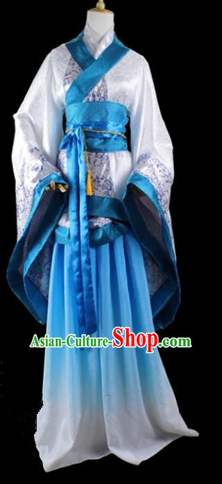 Chinese Ancient Cosplay Han Dynasty Imperial Princess Wedding Costumes, Chinese Traditional Hanfu Blue Dress Clothing Chinese Palace Lady Costume for Women