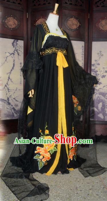 Chinese Ancient Cosplay Tang Dynasty Imperial Princess Fairy Costumes, Chinese Traditional Hanfu Black Dress Clothing Chinese Palace Lady Dance Costume for Women