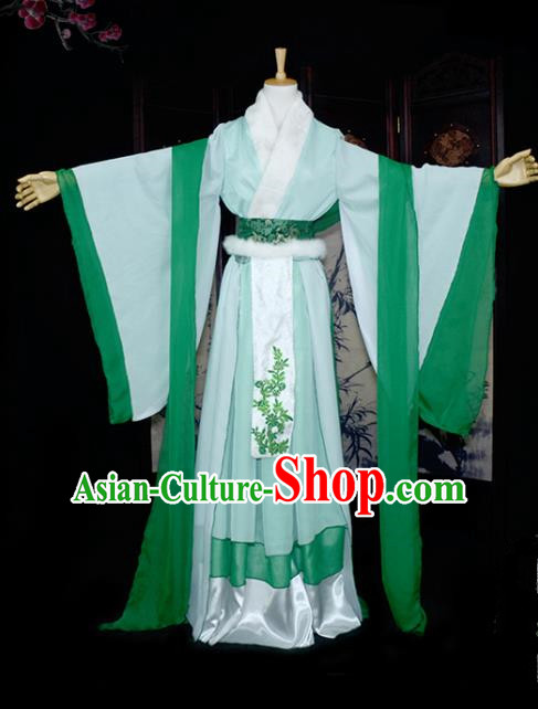 Chinese Ancient Cosplay Tang Dynasty Young Lady Embroidery Bamboo Green Dress, Chinese Traditional Hanfu Clothing Chinese Fairy Costume for Women