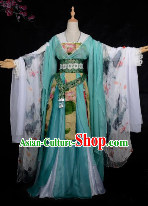 Chinese Ancient Cosplay Tang Dynasty Princess Dance Green Dress, Chinese Traditional Hanfu Clothing Chinese Fairy Palace Lady Costume for Women