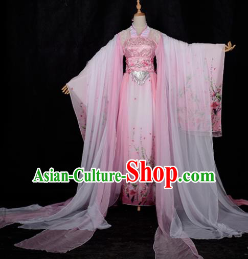 Chinese Ancient Cosplay Tang Dynasty Princess Dance Pink Embroidery Dress, Chinese Traditional Hanfu Clothing Chinese Fairy Palace Lady Costume for Women