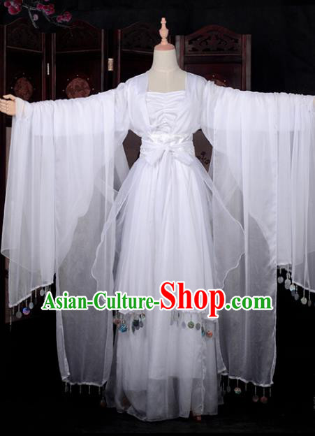 Chinese Ancient Cosplay Young Lady Princess Dance White Dress, Chinese Traditional Hanfu Clothing Chinese Fairy Flying Apsaras Costume for Women