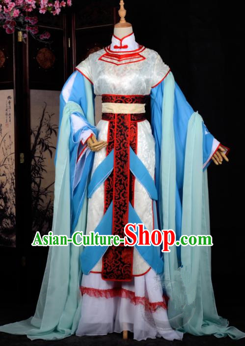 Chinese Ancient Cosplay Tang Dynasty Princess Embroidery Blue Dress, Chinese Traditional Hanfu Clothing Chinese Fairy Costume for Women
