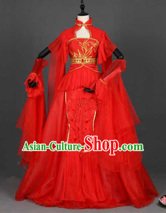 Chinese Ancient Cosplay Tang Dynasty Bride Wedding Red Dress, Chinese Traditional Hanfu Clothing Chinese Princess Fairy Costume for Women