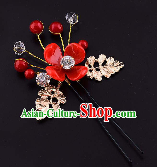 Traditional Handmade Chinese Ancient Classical Wedding Hair Accessories Bride Red Flowers Hair Stick, China Princess Hairpins Headwear for Women