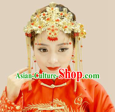 Traditional Handmade Chinese Ancient Classical Hair Accessories Xiuhe Suit Red Beads Golden Hairpin Complete Set, Step Shake Hair Sticks Hair Jewellery Hair Fascinators for Women