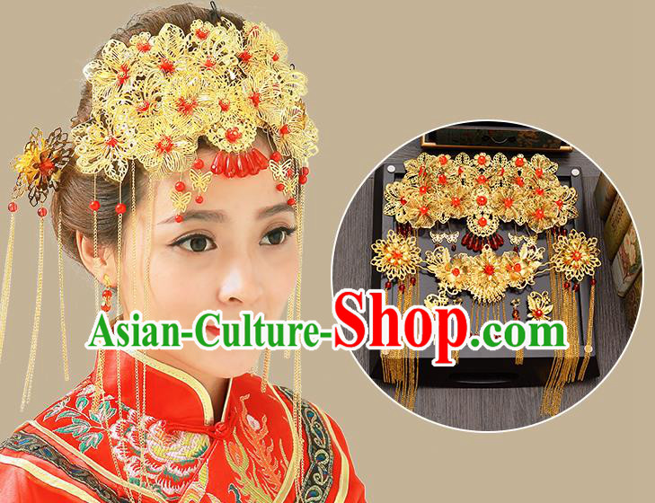 Traditional Handmade Chinese Ancient Classical Hair Accessories Xiuhe Suit Red Beads Golden Hairpin Complete Set, Tassel Step Shake Hair Sticks Hair Jewellery Hair Fascinators for Women