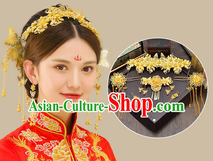 Traditional Handmade Chinese Ancient Classical Hair Accessories Xiuhe Suit Golden Hairpin Complete Set, Tassel Step Shake Hair Sticks Hair Jewellery Hair Fascinators for Women